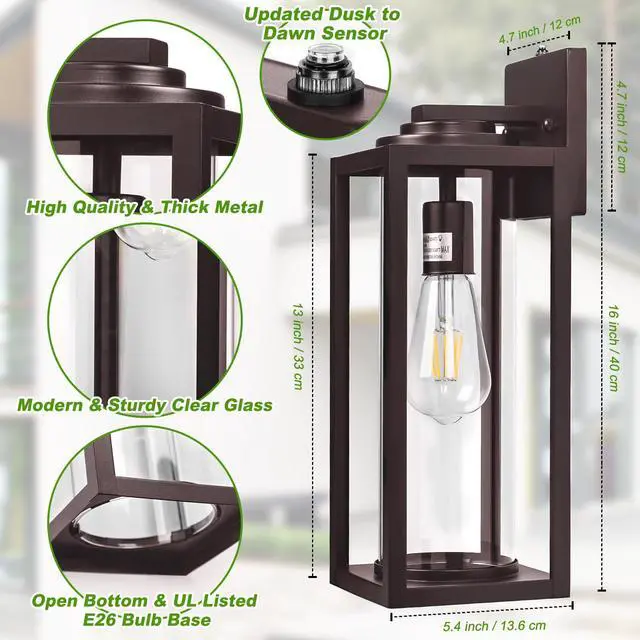 Alt view image 2 of 7 - Large Dusk to Dawn Outdoor Wall Lights, Oil Rubbed Bronze, 2 Pack 16 Inch, Anti-Rust, Waterproof, Brown Exterior Fixtures with Photocell, Modern Farmhouse Sconces for Garage, Porch,Front Door
