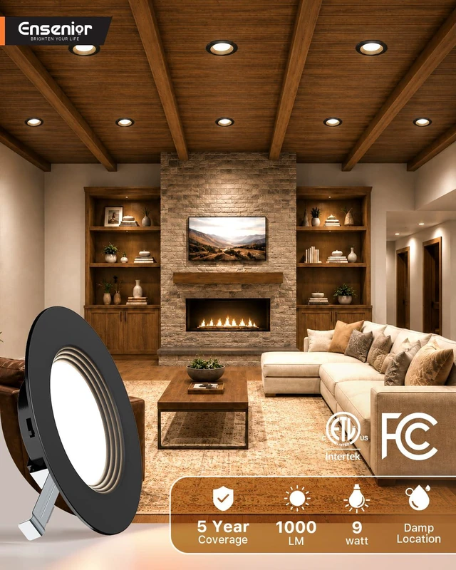 Alt view image 3 of 7 - 5/6 Inch Black LED Recessed Can Lights, 5CCT, 9W, 1000LM, 12 Pack Retrofit Baffle Trim, 5%-100% Dimmable, 2700K-5000K Selectable CCT, Damp&IC Rated, ETL&FCC Certified, Quick E26 Install