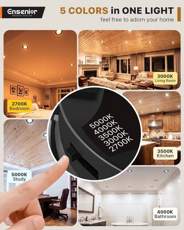 Alt view image 4 of 7 - 5/6 Inch Black LED Recessed Can Lights, 5CCT, 9W, 1000LM, 12 Pack Retrofit Baffle Trim, 5%-100% Dimmable, 2700K-5000K Selectable CCT, Damp&IC Rated, ETL&FCC Certified, Quick E26 Install