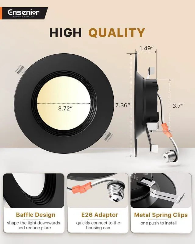 Alt view image 6 of 7 - 5/6 Inch Black LED Recessed Can Lights, 5CCT, 9W, 1000LM, 12 Pack Retrofit Baffle Trim, 5%-100% Dimmable, 2700K-5000K Selectable CCT, Damp&IC Rated, ETL&FCC Certified, Quick E26 Install