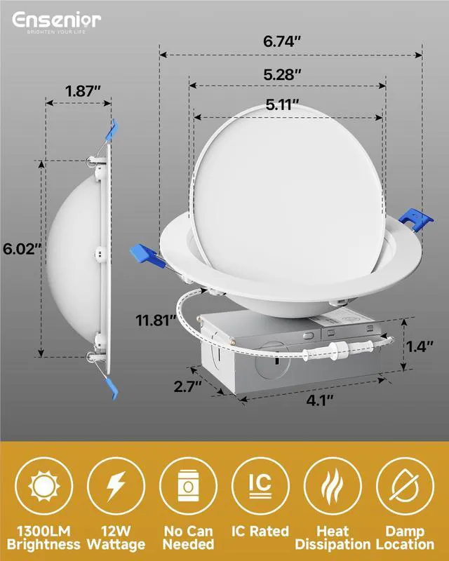 Alt view image 5 of 7 - 6 Pack 6 Inch LED Eyeball Gimbal Recessed Light, 5CCT Dimmable 360°+90° Rotatable, 10%-100% Dimmable, 2700K-5000K Selectable, 12W 1300LM, 90+CRI, 120V, 100° Beam, ETL&FCC&IC Certified
