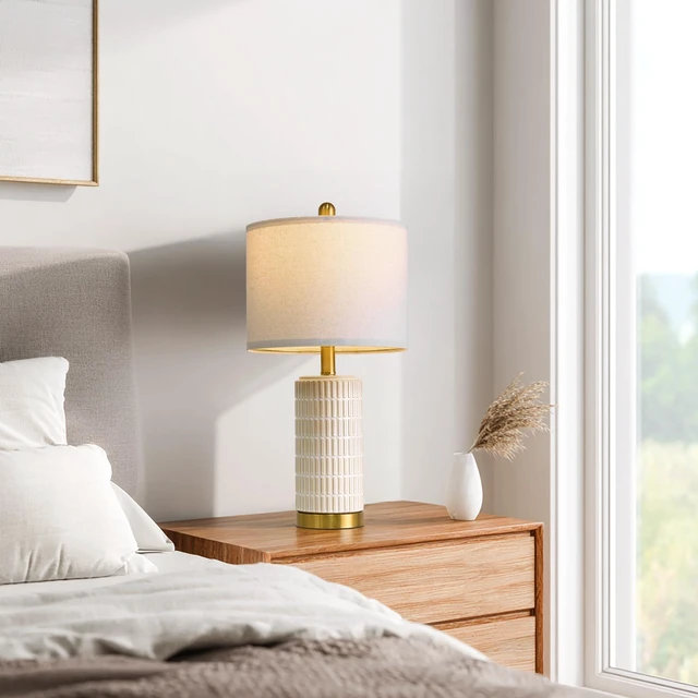 Alt view image 4 of 7 - Small Bedside Table Lamps with USB Ports for Bedroom, 21.5'' White Nightstand Lamps for Night Stands, Modern Ceramic Bedroom Lamps for Living Room End Table, White and Beige