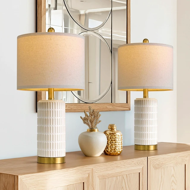 Alt view image 5 of 7 - Small Bedside Table Lamps with USB Ports for Bedroom, 21.5'' White Nightstand Lamps for Night Stands, Modern Ceramic Bedroom Lamps for Living Room End Table, White and Beige