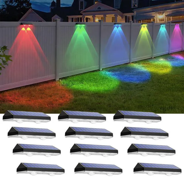 Main image of Solar Fence Lights Outdoor - Warm White & RGB 6 Color, Dusk to Dawn Solar Deck Light, Solar Lights Outdoor IP65 Waterproof, Garden Lights for Outside/Backyard/Railing/Step/Patio/Wall (12 pack)