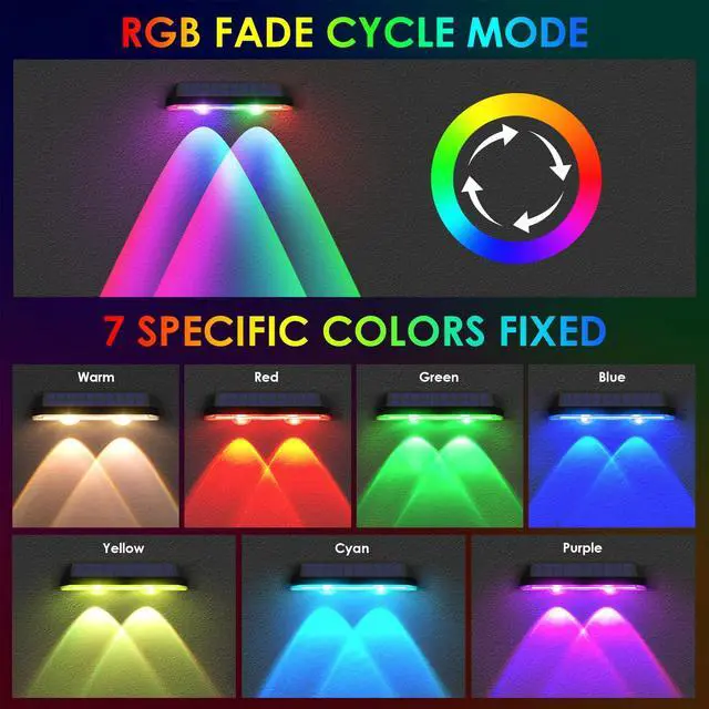 Alt view image 2 of 6 - Solar Fence Lights Outdoor - Warm White & RGB 6 Color, Dusk to Dawn Solar Deck Light, Solar Lights Outdoor IP65 Waterproof, Garden Lights for Outside/Backyard/Railing/Step/Patio/Wall (12 pack)