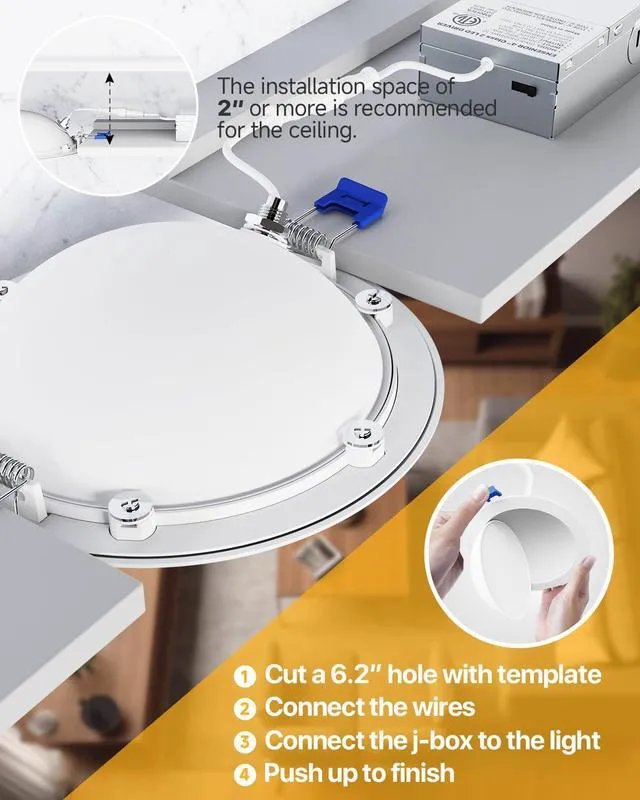 Alt view image 6 of 7 - 6 Pack 6 Inch LED Eyeball Gimbal Recessed Light, 5CCT Dimmable 360°+90° Rotatable, 10%-100% Dimmable, 2700K-5000K Selectable, 12W 1300LM, 90+CRI, 120V, 100° Beam, ETL&FCC&IC Certified