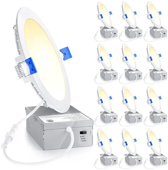 Main image of 12 Pack 6 Inch LED Recessed Light, 3CCT Dimmable Canless Wafer 3000K-5000K Selectable, 5%-100% Dimmable, 1200LM 12W 120V, IC & Damp Rated, ETL & FCC & UL Certified, 50000h Life Span