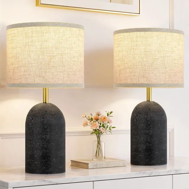 Main image of Table Lamps Set of 2, Resin Bedside Lamps for Living Room Bedroom 18" Modern End Table Desk Lamp for Nightstand, Entryway, Home Office, Black Stone-Like Lamps with Linen Shade