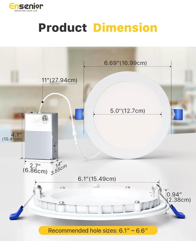 Alt view image 5 of 7 - 12 Pack 6 Inch LED Recessed Light, 3CCT Dimmable Canless Wafer 3000K-5000K Selectable, 5%-100% Dimmable, 1200LM 12W 120V, IC & Damp Rated, ETL & FCC & UL Certified, 50000h Life Span