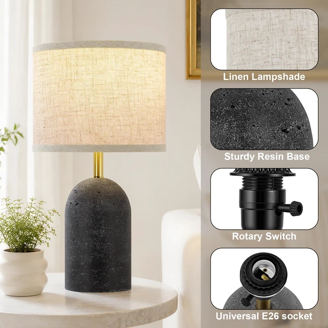 Alt view image 3 of 7 - Table Lamps Set of 2, Resin Bedside Lamps for Living Room Bedroom 18" Modern End Table Desk Lamp for Nightstand, Entryway, Home Office, Black Stone-Like Lamps with Linen Shade