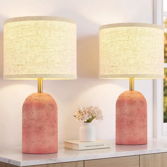 Main image of Table Lamps Set of 2, Resin Bedside Lamps for Living Room Bedroom 18" Modern End Table Desk Lamp for Nightstand, Entryway, Home Office, Pink Stone-Like Lamps with Linen Shade