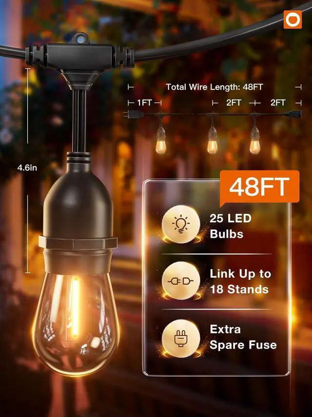 Alt view image 5 of 7 - LED Outdoor String Lights 48FT with 25 Edison Vintage Bulbs ETL Commercial Grade Strand with Shatterproof Bulbs, Decorative Hanging Lights for Patio Backyard Garden Cafe Bistro Deck