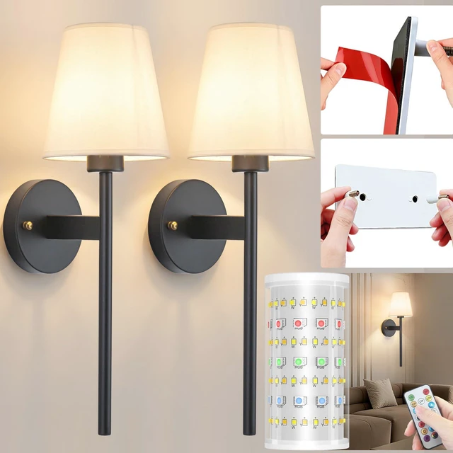 Main image of Battery Operated Wall Sconce, Peel and Stick Sconces Set of 2 Wireless Adhesive Stick On Wall Sconce, 10000mAh Rechargeable RGB Bulb with Remote, No Drill Wall Light for Bedroom Decor