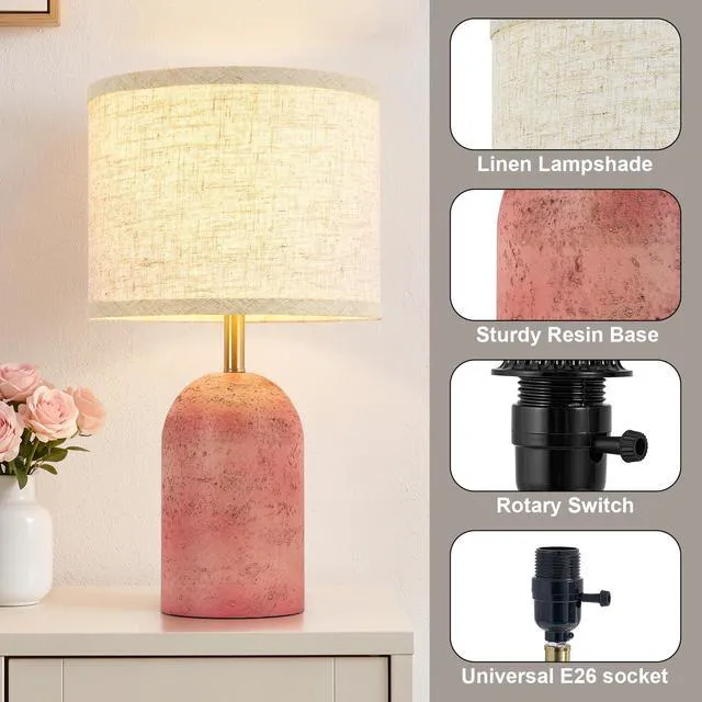 Alt view image 3 of 7 - Table Lamps Set of 2, Resin Bedside Lamps for Living Room Bedroom 18" Modern End Table Desk Lamp for Nightstand, Entryway, Home Office, Pink Stone-Like Lamps with Linen Shade