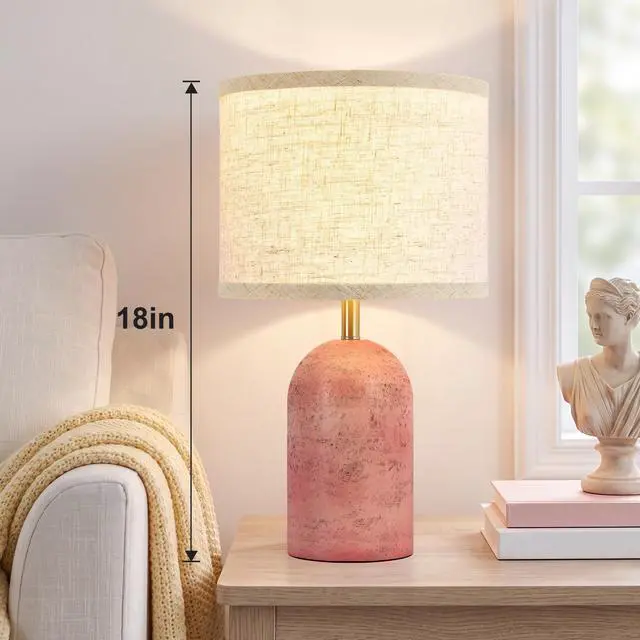 Alt view image 4 of 7 - Table Lamps Set of 2, Resin Bedside Lamps for Living Room Bedroom 18" Modern End Table Desk Lamp for Nightstand, Entryway, Home Office, Pink Stone-Like Lamps with Linen Shade