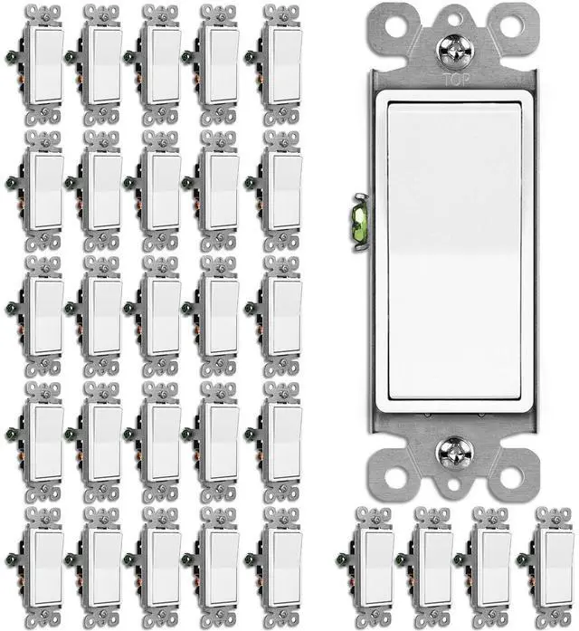 Main image of 30 Bulk 3 Way Decorator Light Switch, Single Pole or Three Way UL Listed, On/Off Paddle Rocker Interrupter, 15A 120/277V, Electrical Wall Light Switches, White