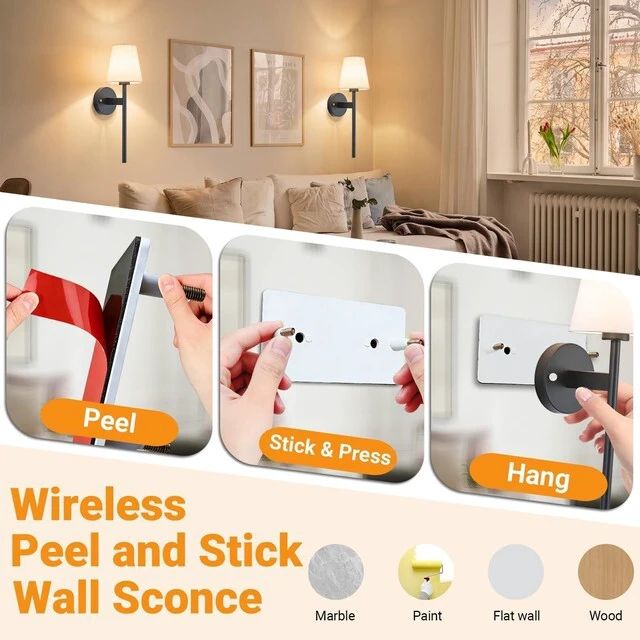 Alt view image 3 of 7 - Battery Operated Wall Sconce, Peel and Stick Sconces Set of 2 Wireless Adhesive Stick On Wall Sconce, 10000mAh Rechargeable RGB Bulb with Remote, No Drill Wall Light for Bedroom Decor