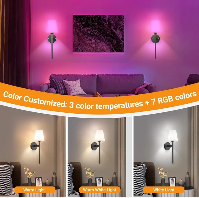 Alt view image 5 of 7 - Battery Operated Wall Sconce, Peel and Stick Sconces Set of 2 Wireless Adhesive Stick On Wall Sconce, 10000mAh Rechargeable RGB Bulb with Remote, No Drill Wall Light for Bedroom Decor