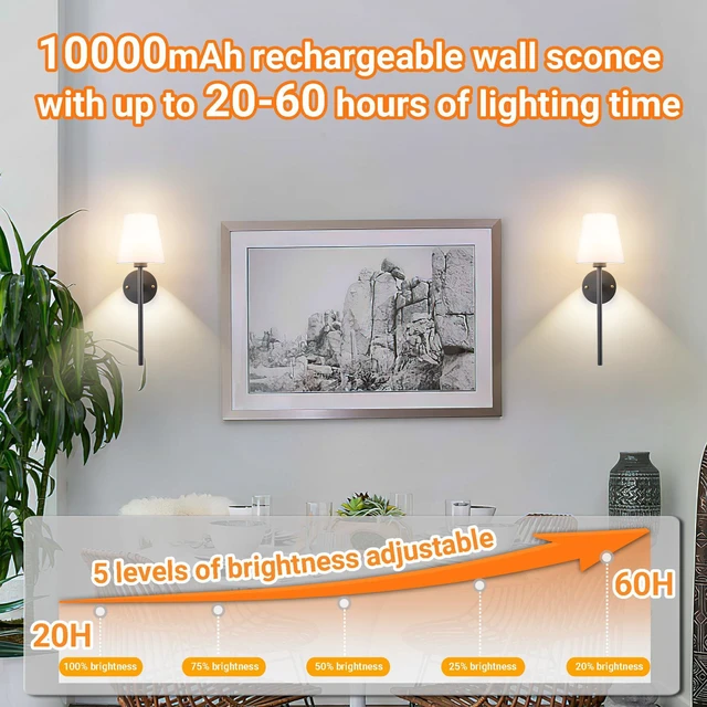 Alt view image 6 of 7 - Battery Operated Wall Sconce, Peel and Stick Sconces Set of 2 Wireless Adhesive Stick On Wall Sconce, 10000mAh Rechargeable RGB Bulb with Remote, No Drill Wall Light for Bedroom Decor