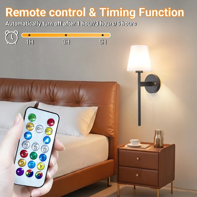 Alt view image 7 of 7 - Battery Operated Wall Sconce, Peel and Stick Sconces Set of 2 Wireless Adhesive Stick On Wall Sconce, 10000mAh Rechargeable RGB Bulb with Remote, No Drill Wall Light for Bedroom Decor