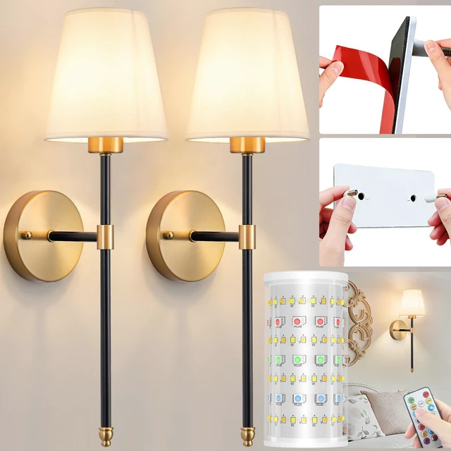 Main image of Battery Operated Wall Sconce, Peel and Stick Sconces Set of 2 Wireless Adhesive Stick On Wall Sconce, 10000mAh Rechargeable RGB Bulb with Remote, No Drill Wall Light for Bedroom Decor