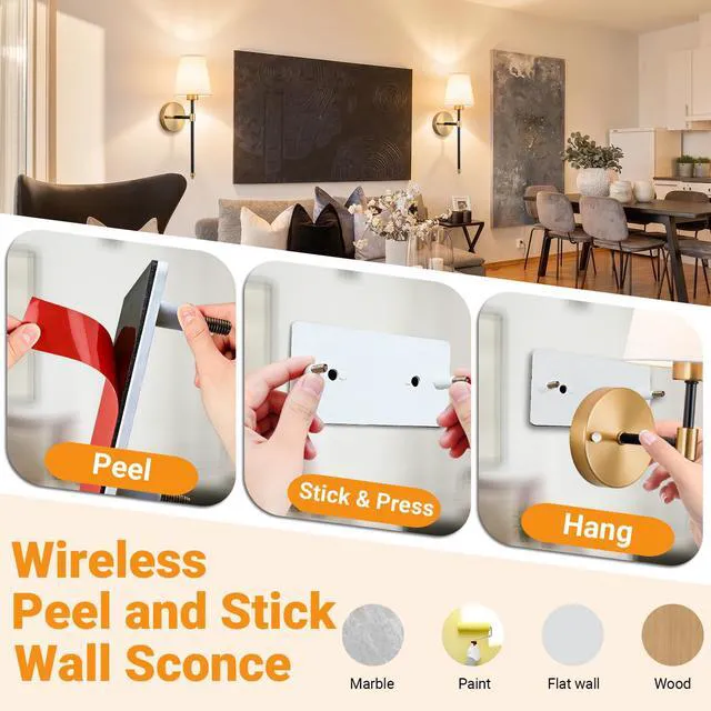 Alt view image 3 of 7 - Battery Operated Wall Sconce, Peel and Stick Sconces Set of 2 Wireless Adhesive Stick On Wall Sconce, 10000mAh Rechargeable RGB Bulb with Remote, No Drill Wall Light for Bedroom Decor