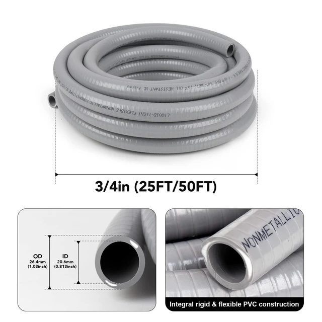 Alt view image 2 of 7 - 3/4inch 100ft Liquid-Tight Conduit and Connector Kit,Flexible Non Metallic Liquid Tight Electrical Conduit Kit with 5* Straight and 3 * 90-Degree Connector Fittings,3/4 in. Dia