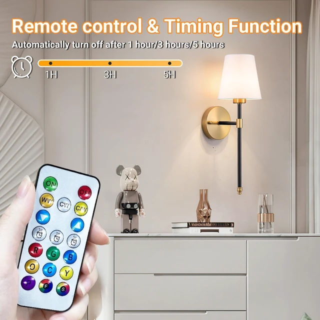 Alt view image 7 of 7 - Battery Operated Wall Sconce, Peel and Stick Sconces Set of 2 Wireless Adhesive Stick On Wall Sconce, 10000mAh Rechargeable RGB Bulb with Remote, No Drill Wall Light for Bedroom Decor