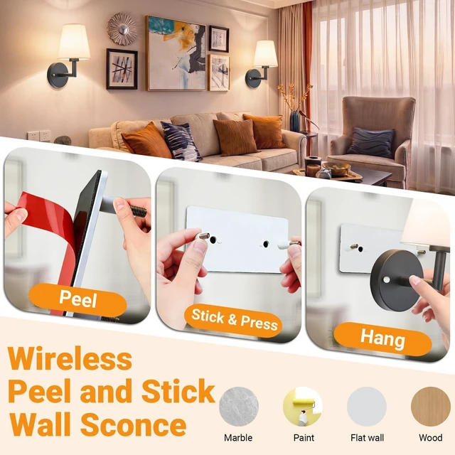 Alt view image 3 of 7 - Battery Operated Wall Sconce, Peel and Stick Sconces Set of 2 Wireless Adhesive Stick On Wall Sconce, 10000mAh Rechargeable RGB Bulb with Remote, No Drill Wall Light for Bedroom Decor