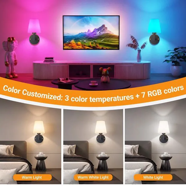 Alt view image 5 of 7 - Battery Operated Wall Sconce, Peel and Stick Sconces Set of 2 Wireless Adhesive Stick On Wall Sconce, 10000mAh Rechargeable RGB Bulb with Remote, No Drill Wall Light for Bedroom Decor