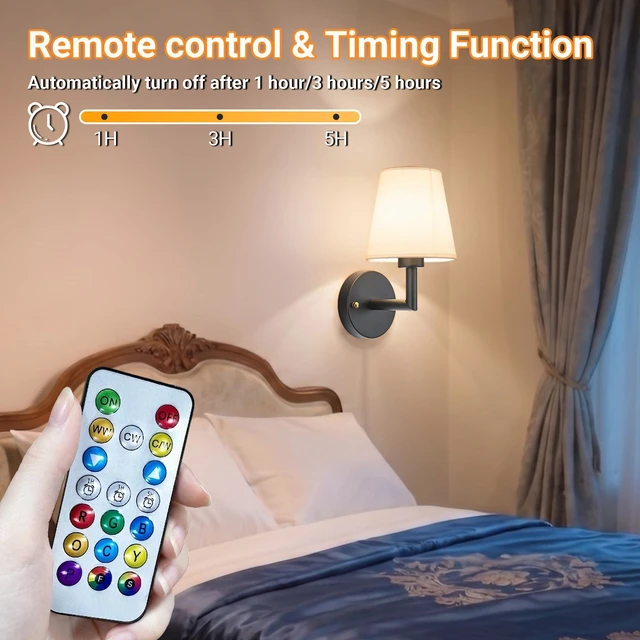 Alt view image 7 of 7 - Battery Operated Wall Sconce, Peel and Stick Sconces Set of 2 Wireless Adhesive Stick On Wall Sconce, 10000mAh Rechargeable RGB Bulb with Remote, No Drill Wall Light for Bedroom Decor