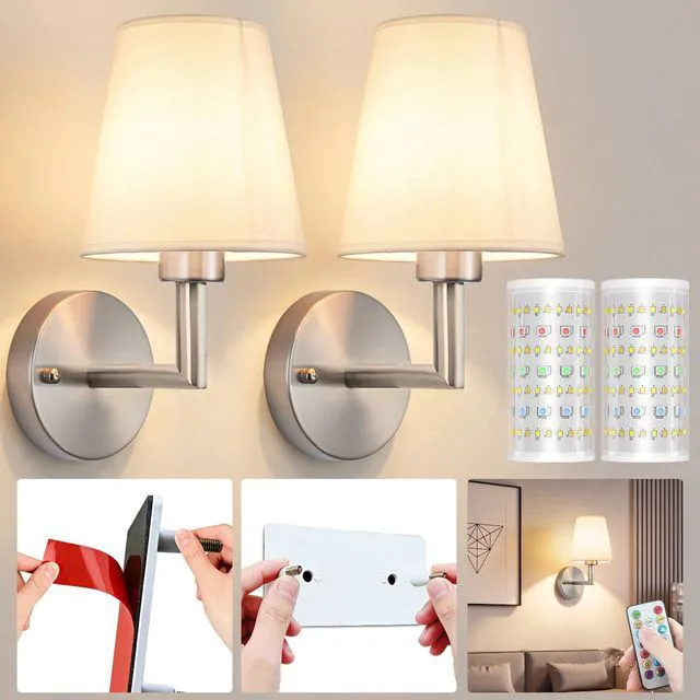 Main image of Battery Operated Wall Sconce, Peel and Stick Sconces Set of 2 Wireless Adhesive Stick On Wall Sconce, 10000mAh Rechargeable RGB Bulb with Remote, No Drill Wall Light for Bedroom Decor