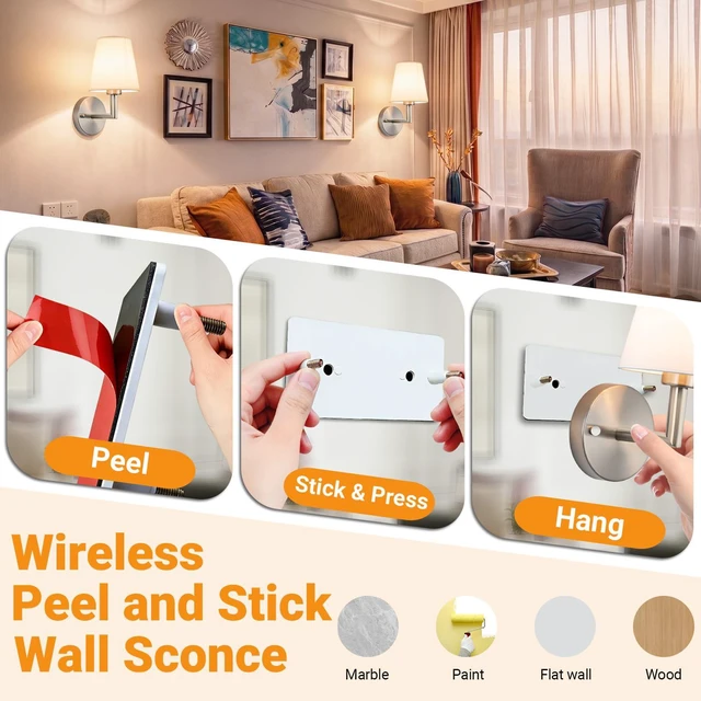 Alt view image 3 of 7 - Battery Operated Wall Sconce, Peel and Stick Sconces Set of 2 Wireless Adhesive Stick On Wall Sconce, 10000mAh Rechargeable RGB Bulb with Remote, No Drill Wall Light for Bedroom Decor