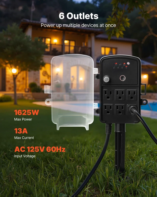 Alt view image 2 of 7 - Outdoor Power Stake Timer, 100FT Extension Cord, Remote Control Outdoor Power Strip with Cover, Dusk to Dawn Light Timer Waterproof, 6 Outlets for Halloween Christmas Lights, Garden Decorations