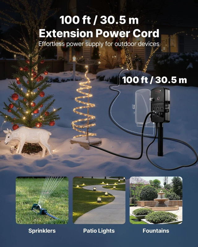 Alt view image 5 of 7 - Outdoor Power Stake Timer, 100FT Extension Cord, Remote Control Outdoor Power Strip with Cover, Dusk to Dawn Light Timer Waterproof, 6 Outlets for Halloween Christmas Lights, Garden Decorations