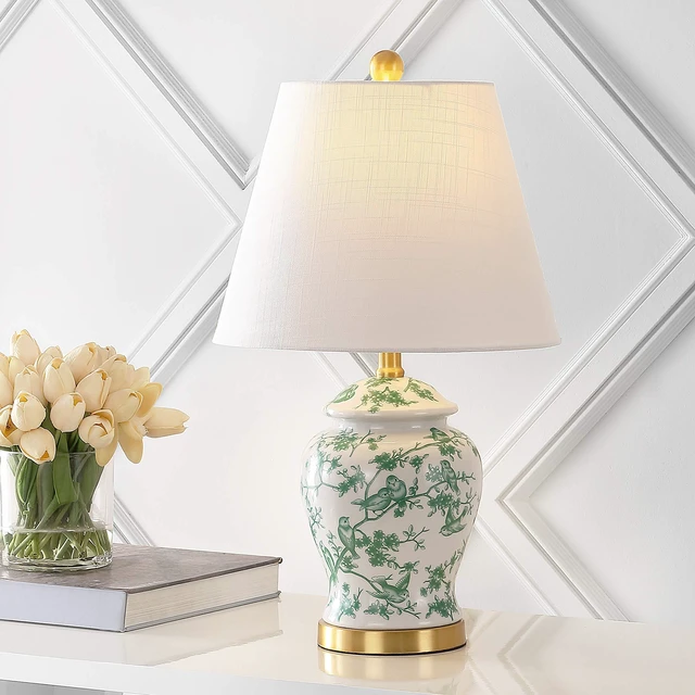 Alt view image 2 of 7 - Penelope Ginger Jar 22" LED Table Lamp, White/Green Chinoiserie, Ceramic Metal Construction, French Country Traditional, Linen Empire Shade, Brass Gold, LED Bulb Included