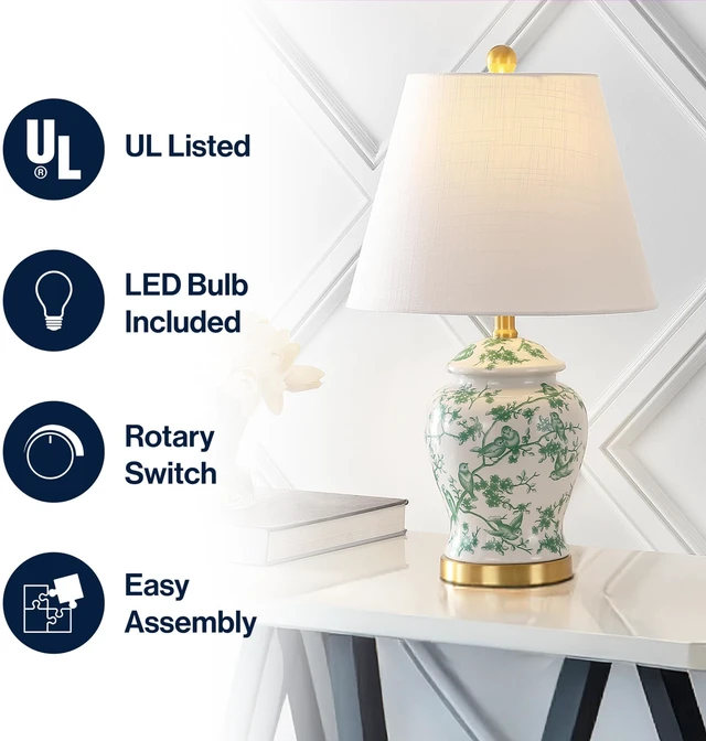 Alt view image 4 of 7 - Penelope Ginger Jar 22" LED Table Lamp, White/Green Chinoiserie, Ceramic Metal Construction, French Country Traditional, Linen Empire Shade, Brass Gold, LED Bulb Included