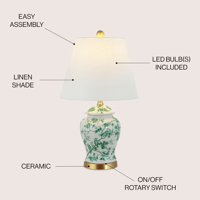 Alt view image 5 of 7 - Penelope Ginger Jar 22" LED Table Lamp, White/Green Chinoiserie, Ceramic Metal Construction, French Country Traditional, Linen Empire Shade, Brass Gold, LED Bulb Included