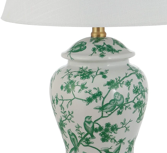 Alt view image 6 of 7 - Penelope Ginger Jar 22" LED Table Lamp, White/Green Chinoiserie, Ceramic Metal Construction, French Country Traditional, Linen Empire Shade, Brass Gold, LED Bulb Included