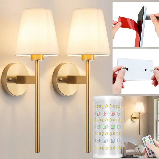 Main image of Battery Operated Wall Sconce, Peel and Stick Sconces Set of 2 Wireless Adhesive Stick On Wall Sconce, 10000mAh Rechargeable RGB Bulb with Remote, No Drill Wall Light for Bedroom Decor