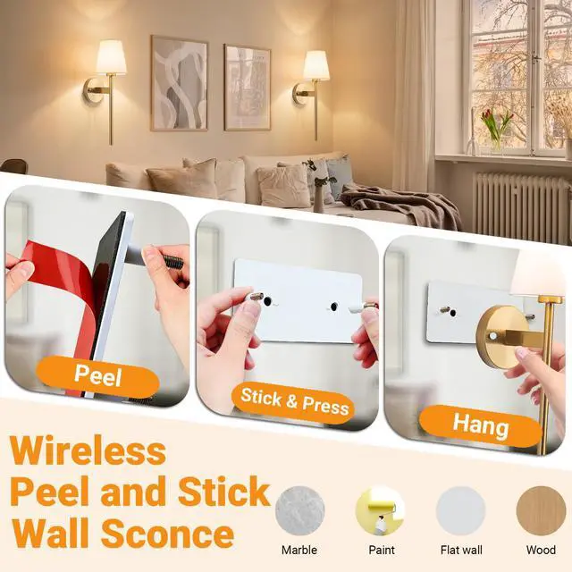 Alt view image 3 of 7 - Battery Operated Wall Sconce, Peel and Stick Sconces Set of 2 Wireless Adhesive Stick On Wall Sconce, 10000mAh Rechargeable RGB Bulb with Remote, No Drill Wall Light for Bedroom Decor