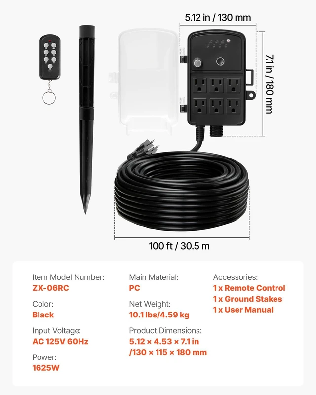 Alt view image 7 of 7 - Outdoor Power Stake Timer, 100FT Extension Cord, Remote Control Outdoor Power Strip with Cover, Dusk to Dawn Light Timer Waterproof, 6 Outlets for Halloween Christmas Lights, Garden Decorations