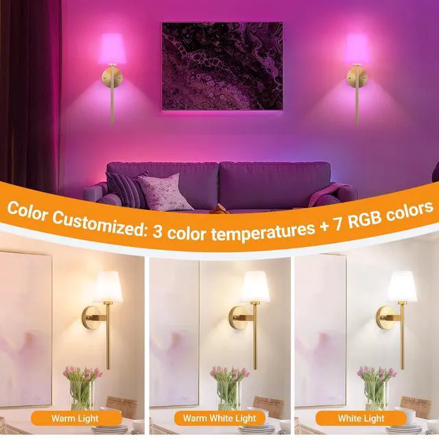 Alt view image 5 of 7 - Battery Operated Wall Sconce, Peel and Stick Sconces Set of 2 Wireless Adhesive Stick On Wall Sconce, 10000mAh Rechargeable RGB Bulb with Remote, No Drill Wall Light for Bedroom Decor