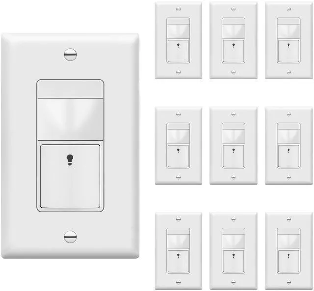 Main image of PIR Motion Sensor Light Switch,No Neutral No Ground Wire,10 Pack Occupancy&Vacancy Sensor Switch, Operable Without Ground Wire, Single Pole, UL listed, Wall Plate Included, TDOS5-HL-W, White