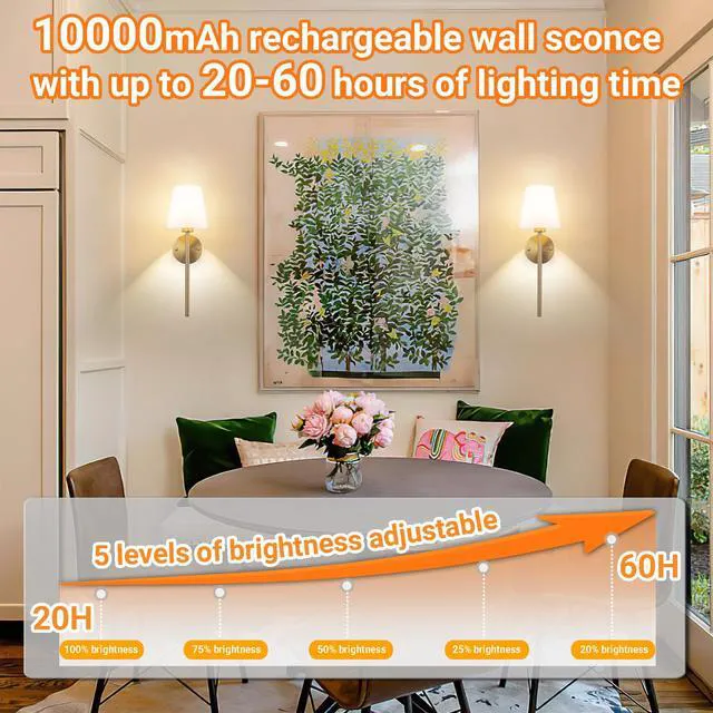Alt view image 6 of 7 - Battery Operated Wall Sconce, Peel and Stick Sconces Set of 2 Wireless Adhesive Stick On Wall Sconce, 10000mAh Rechargeable RGB Bulb with Remote, No Drill Wall Light for Bedroom Decor