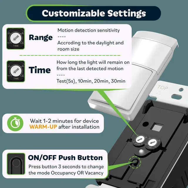 Alt view image 2 of 7 - PIR Motion Sensor Light Switch,No Neutral No Ground Wire,10 Pack Occupancy&Vacancy Sensor Switch, Operable Without Ground Wire, Single Pole, UL listed, Wall Plate Included, TDOS5-HL-W, White