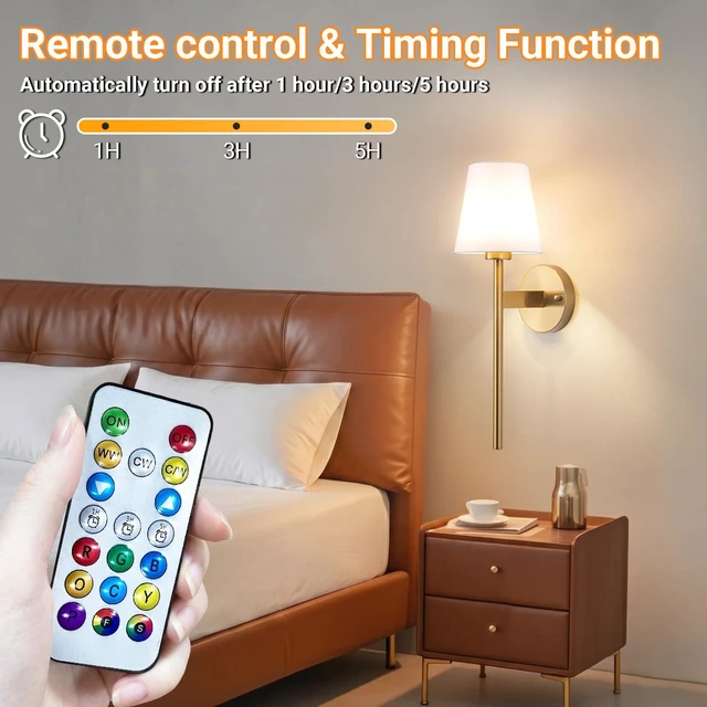 Alt view image 7 of 7 - Battery Operated Wall Sconce, Peel and Stick Sconces Set of 2 Wireless Adhesive Stick On Wall Sconce, 10000mAh Rechargeable RGB Bulb with Remote, No Drill Wall Light for Bedroom Decor