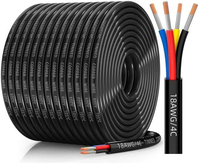 Main image of 18 Gauge Wire, 18/4 Conductor Tinned Copper Electrical Wire, 200T Flexible, Waterproof, Flame Retardant, Low Voltage 18 AWG Stranded PVC 4 Wire Cable for Automotive, RV, Marine, RGB LED Strip