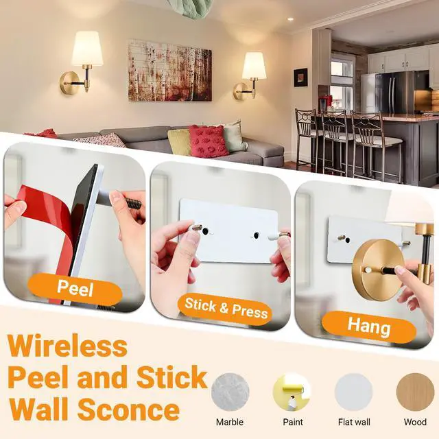 Alt view image 3 of 7 - Battery Operated Wall Sconce, Peel and Stick Sconces Set of 2 Wireless Adhesive Stick On Wall Sconce, 10000mAh Rechargeable RGB Bulb with Remote, No Drill Wall Light for Bedroom Decor