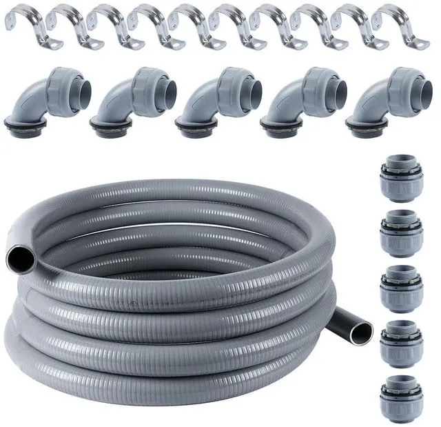 Main image of Liquid-Tight Conduit 1-1/4 inch 25ft w/UL Certification Flexible Electrical Conduit with 5 Straight and 5 90-Degree Conduit Connector Fittings Gray